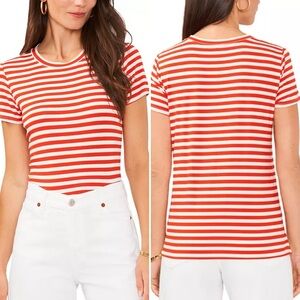 Vince Camuto Short Sleeve Crew Neck Stripe Tee in Tulip Red & White Plus Size 2X